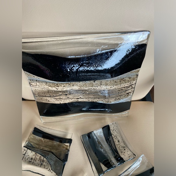 Fused Art glass Striped Clear Black Plates Plater set - Picture 6 of 10